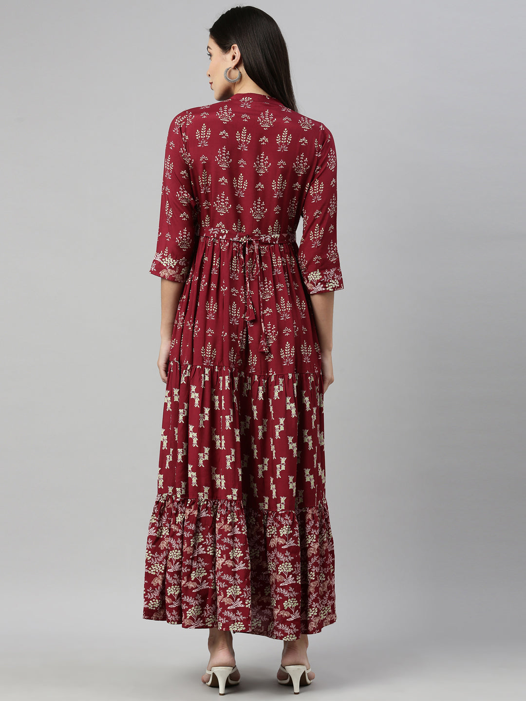 Neerus Maroon shantoon printed maxi kurti - detail view 2