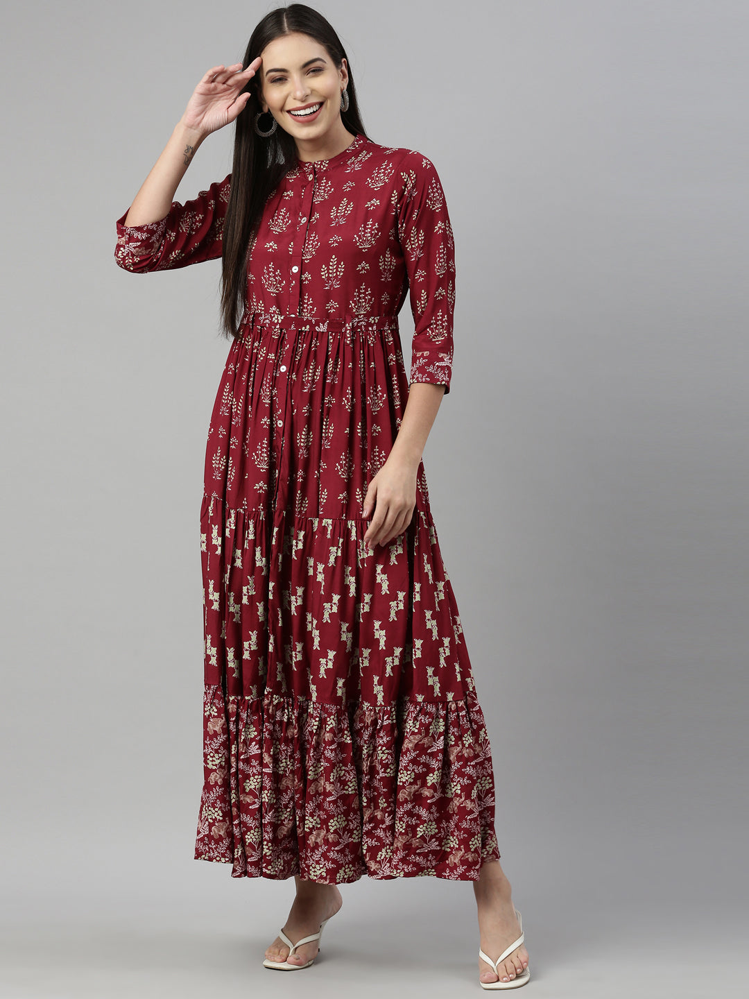 Neerus Maroon shantoon printed maxi kurti - detail view 3