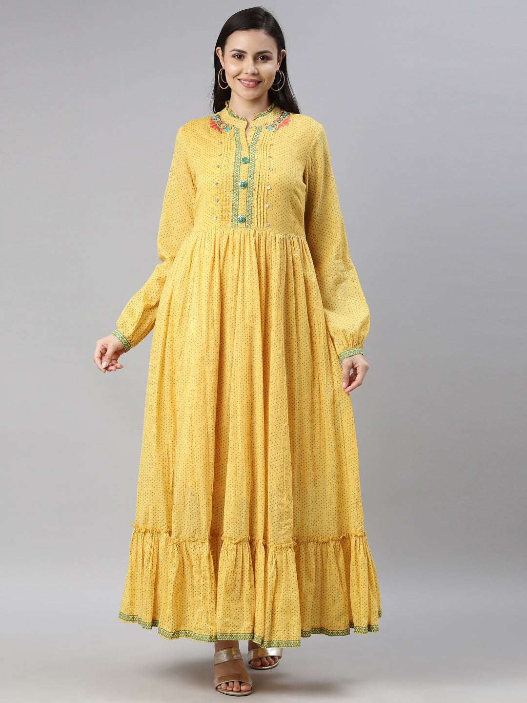 Neerus Yellow cotton solid kurta - front view