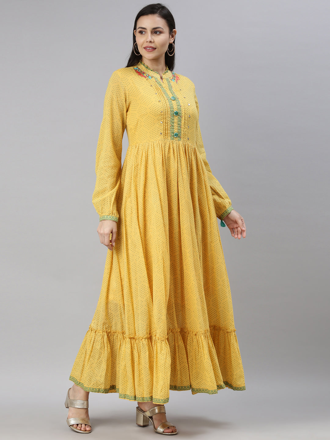 Neerus Yellow cotton solid kurta - detail view 1