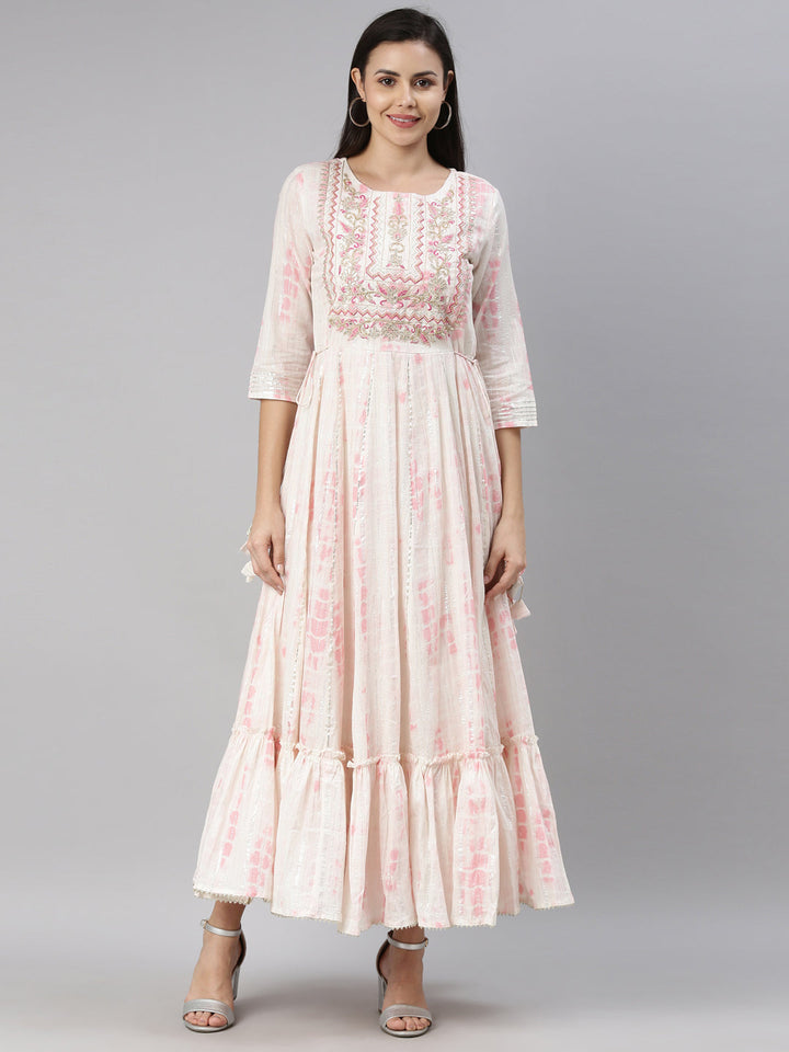 Neerus Pink cotton kurti straight silhouette - front view