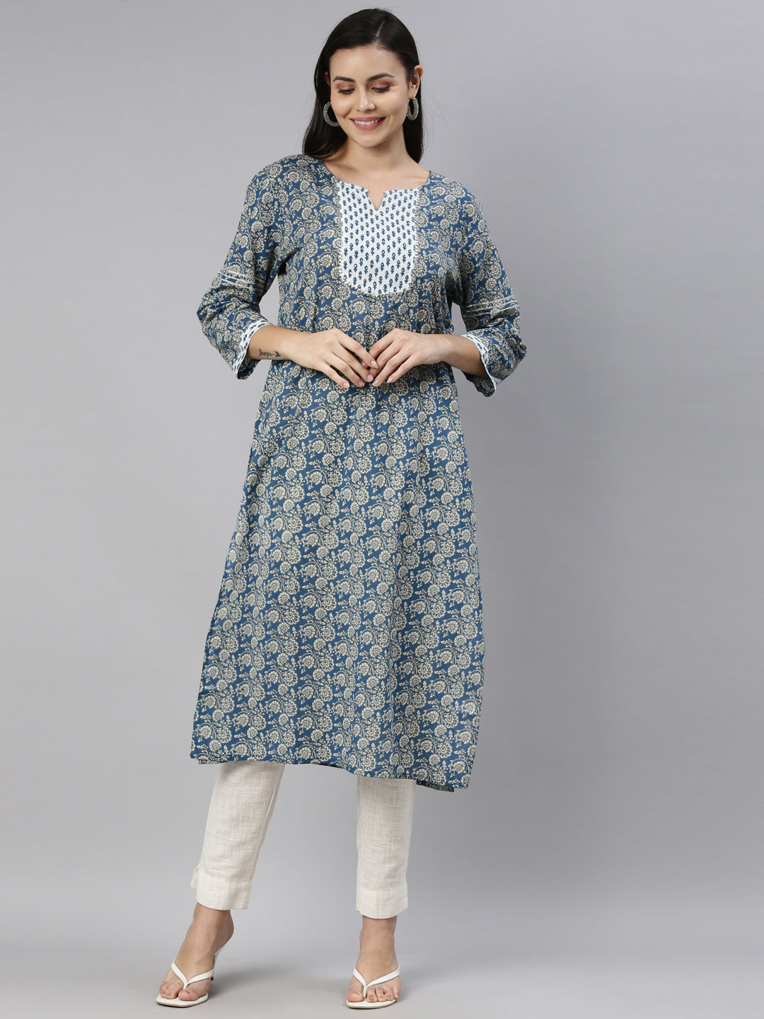 Neerus Blue cotton printed straight kurta - front view