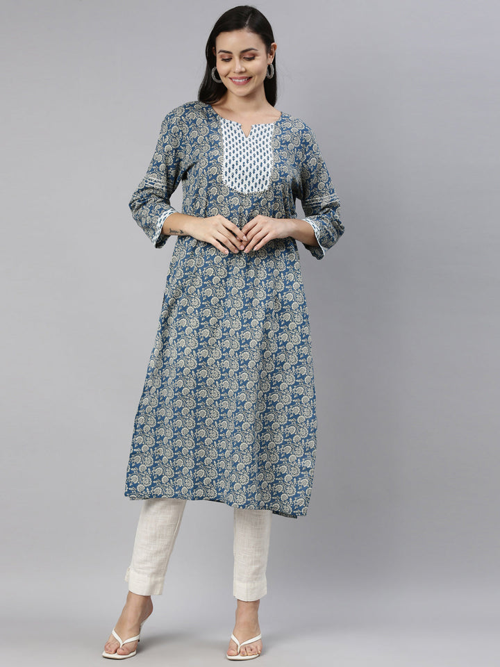 Neerus Blue cotton printed straight kurta - front view