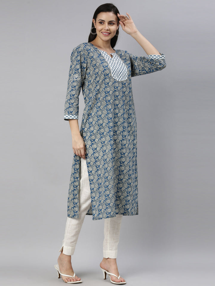 Neerus Blue cotton printed straight kurta - detail view 1