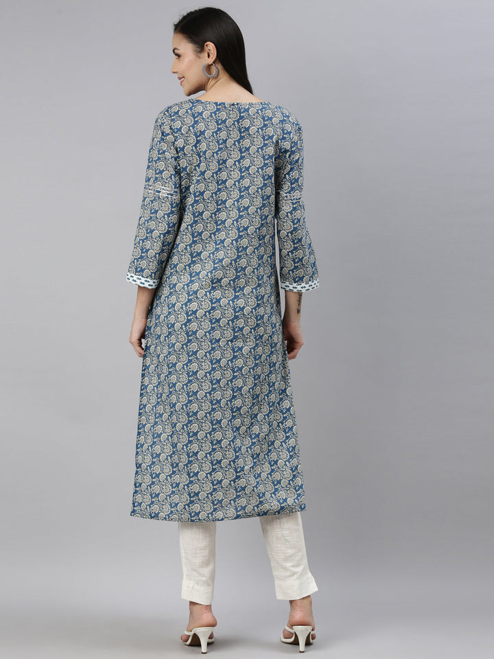 Neerus Blue cotton printed straight kurta - detail view 2