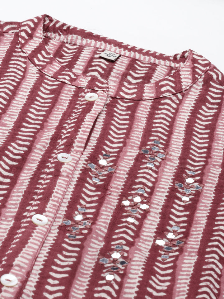 Neerus Maroon rayon printed kurti - back view