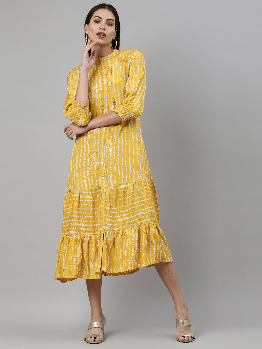 Neerus Yellow Shantoon printed A-Line kurta - front view