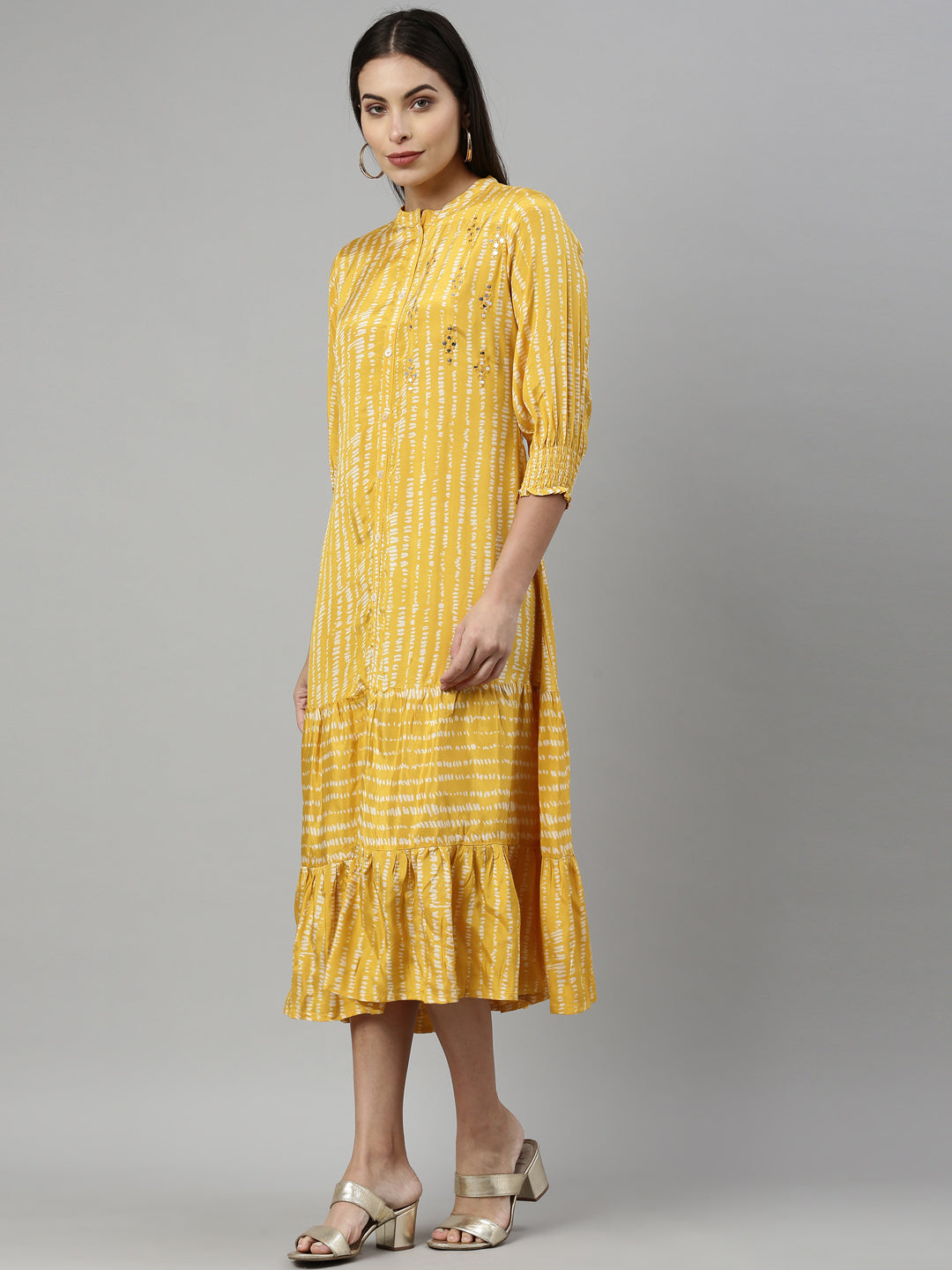 Neerus Yellow Shantoon printed A-Line kurta - side view