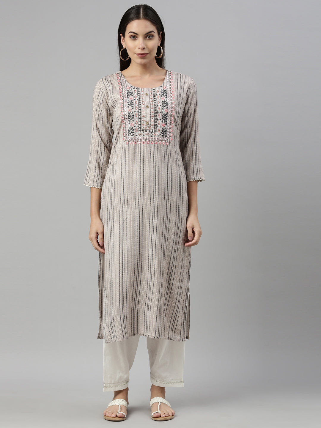 Neerus Grey slub cotton straight kurti - front view