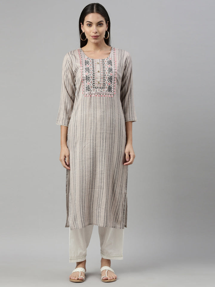Neerus Grey slub cotton straight kurti - front view