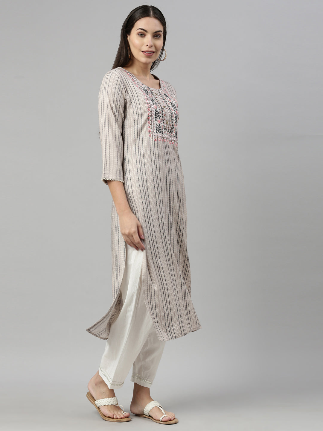 Neerus Grey slub cotton straight kurti - detail view 1