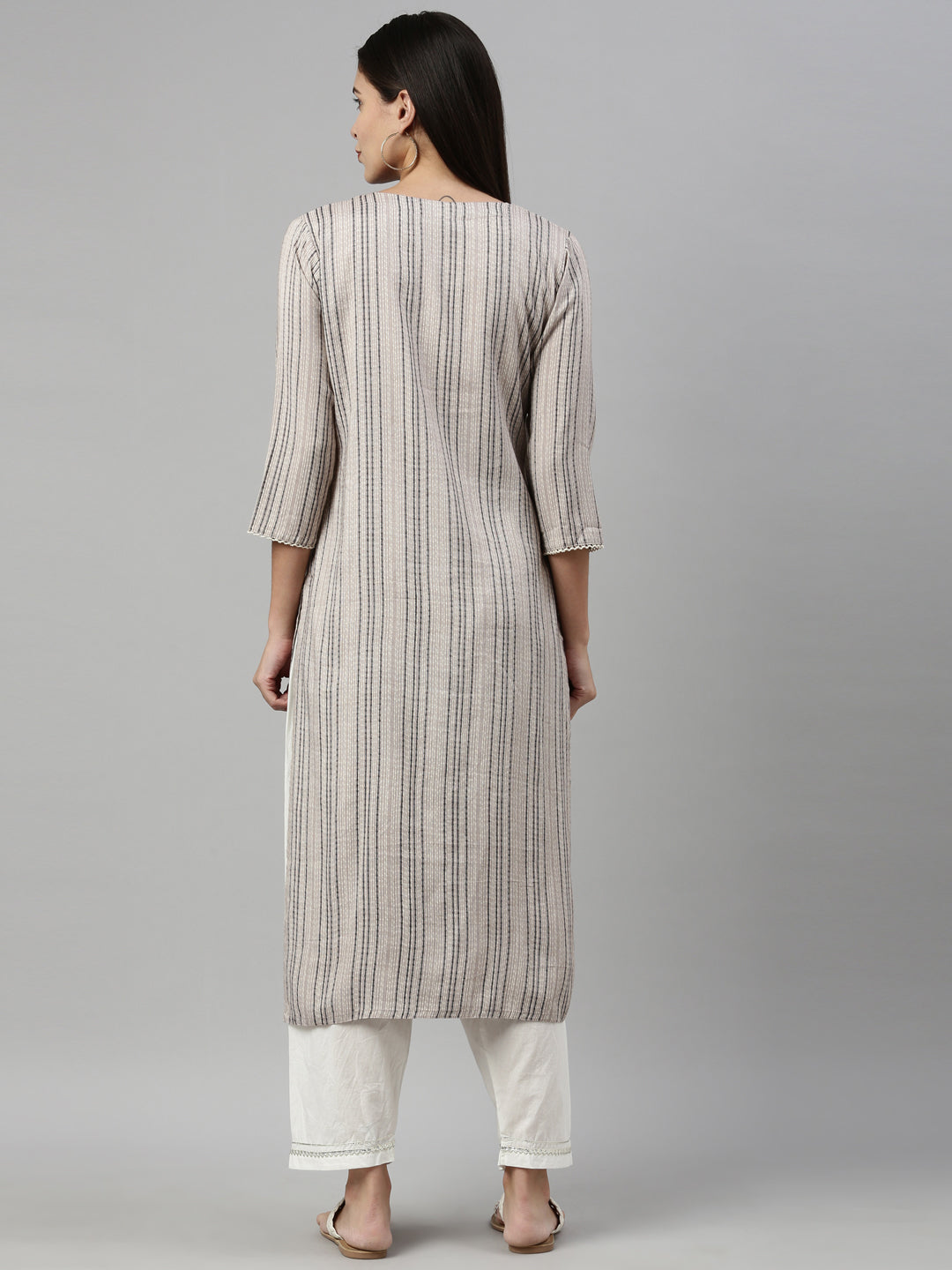 Neerus Grey slub cotton straight kurti - detail view 2