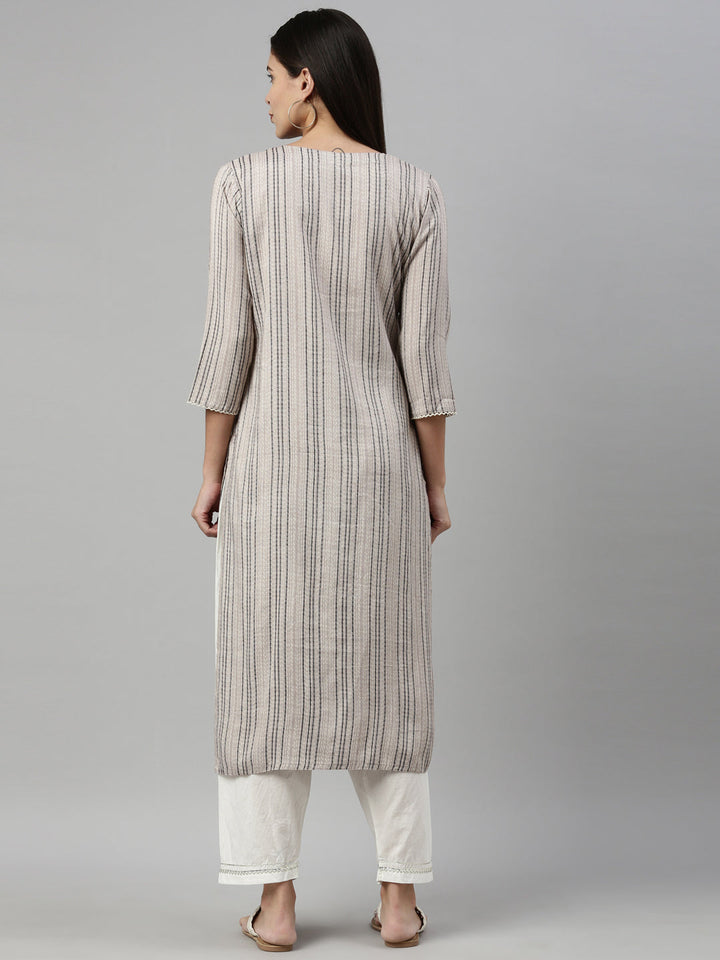 Neerus Grey slub cotton straight kurti - detail view 2