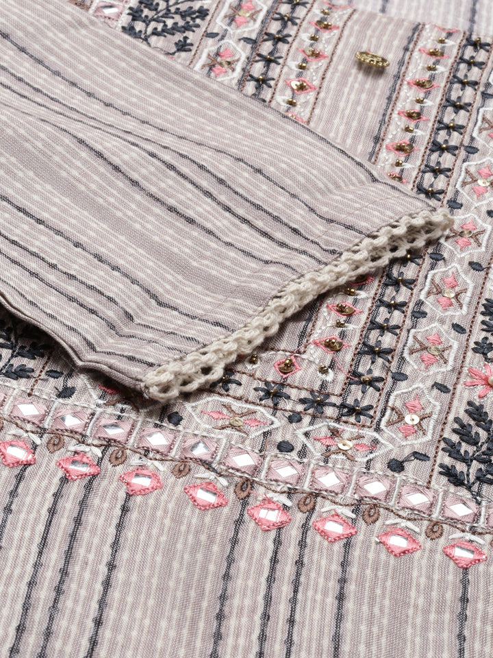 Neerus Grey slub cotton straight kurti - detail view 4