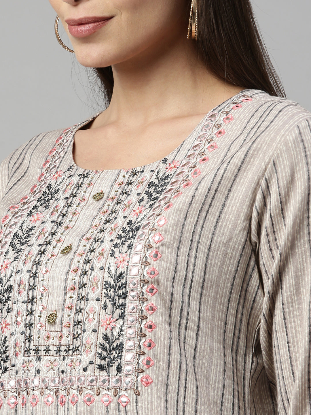 Neerus Grey slub cotton straight kurti - detail view 5