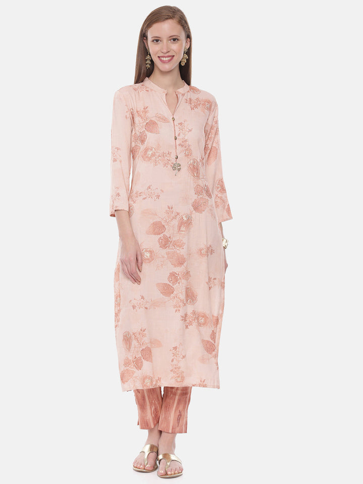 Neerus Orange viscose rayon woven straight kurti - detail view 5