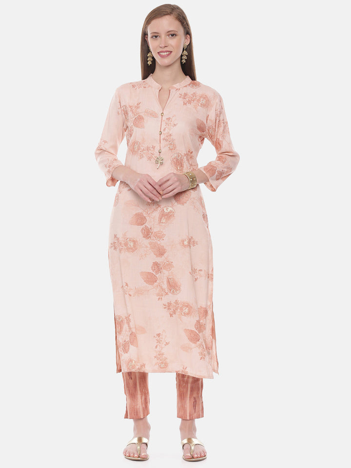 Neerus Orange viscose rayon woven straight kurti - detail view 3