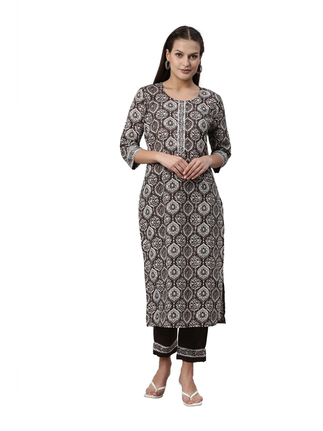 Neerus Brown shantoon printed kurti - front view
