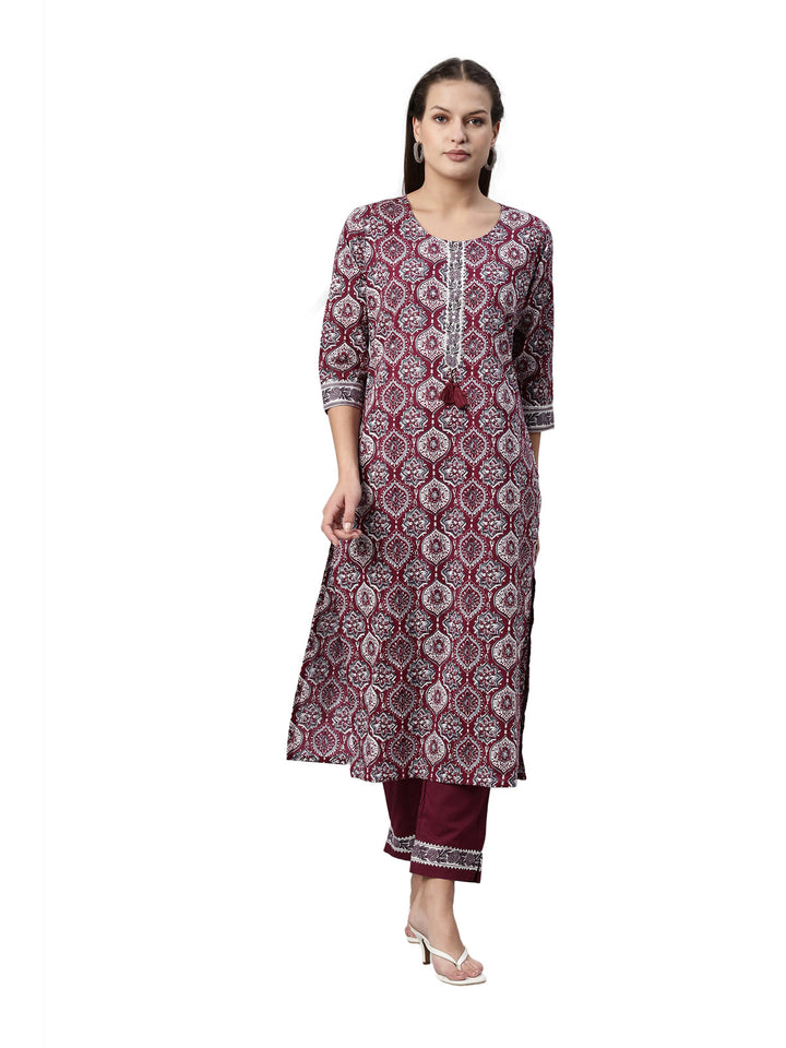 Neerus Purple shantoon printed kurta set - front view