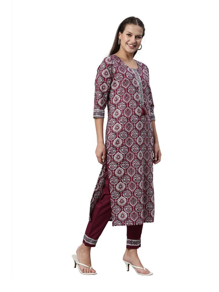 Neerus Purple shantoon printed kurta set - detail view 1