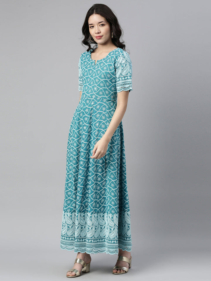 Neerus Blue cotton chikankari anarkali kurti - front view