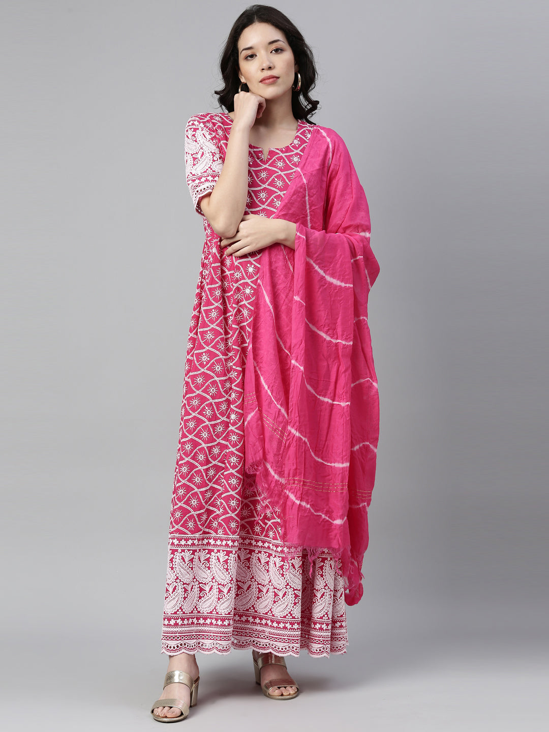 Neerus Pink cotton chikankari anarkali kurti - detail view 4