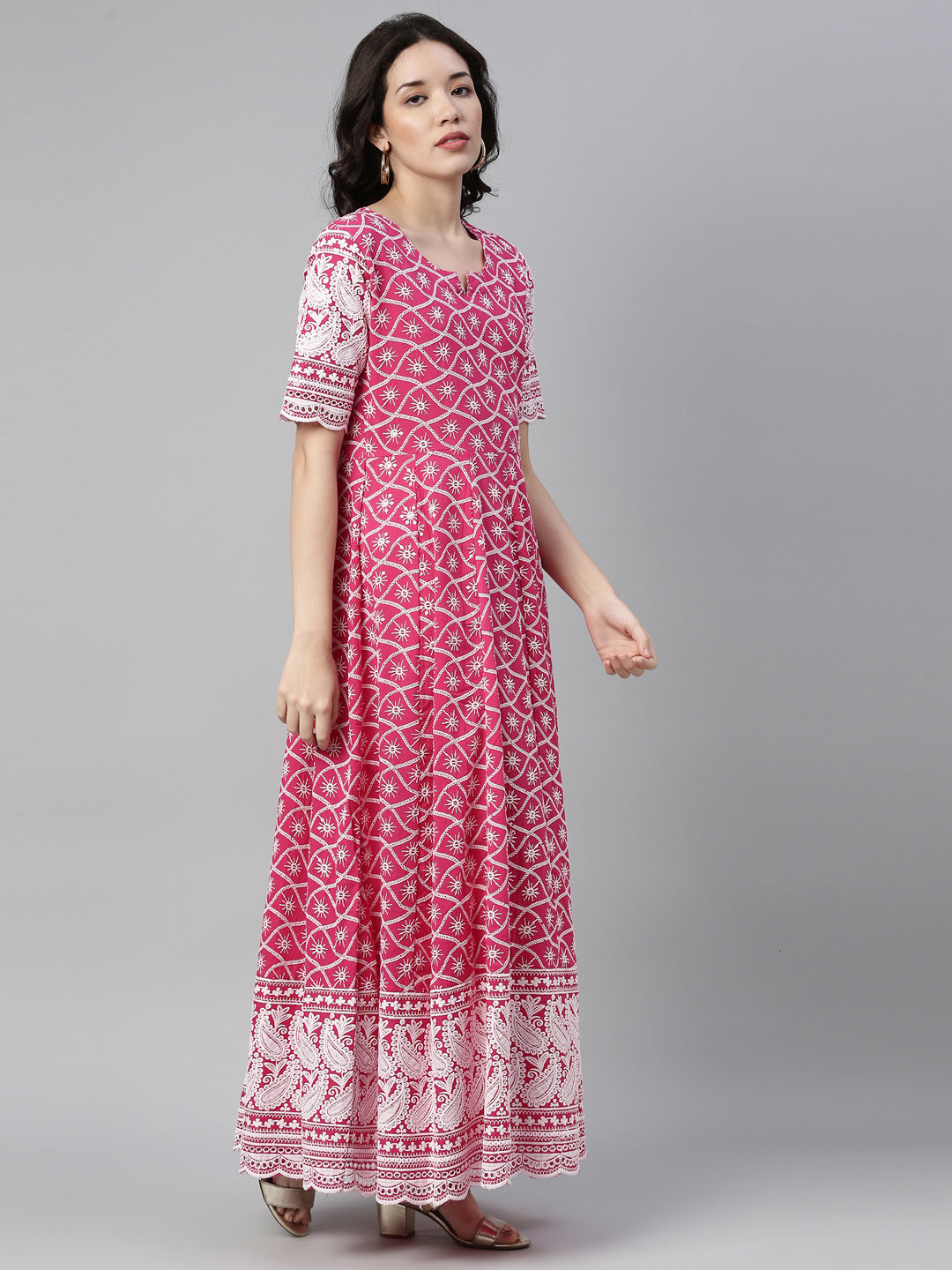 Neerus Pink cotton chikankari anarkali kurti - front view