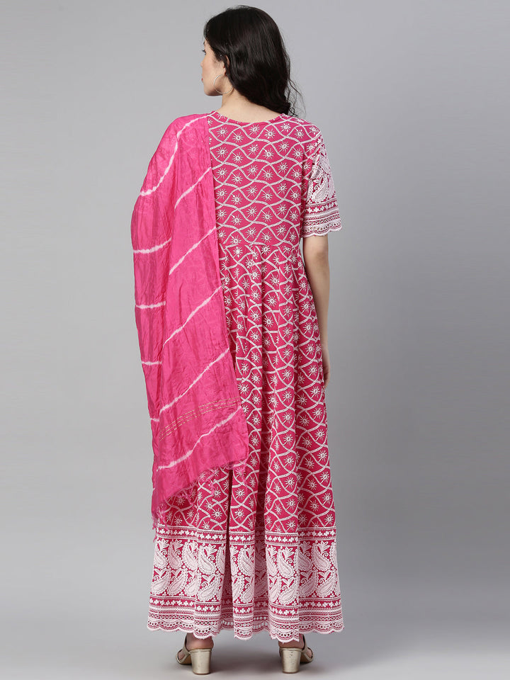 Neerus Pink cotton chikankari anarkali kurti - back view