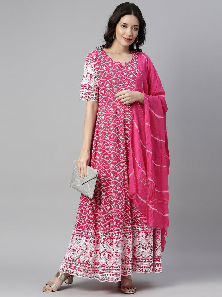 Neerus Pink cotton chikankari anarkali kurti - detail view 1