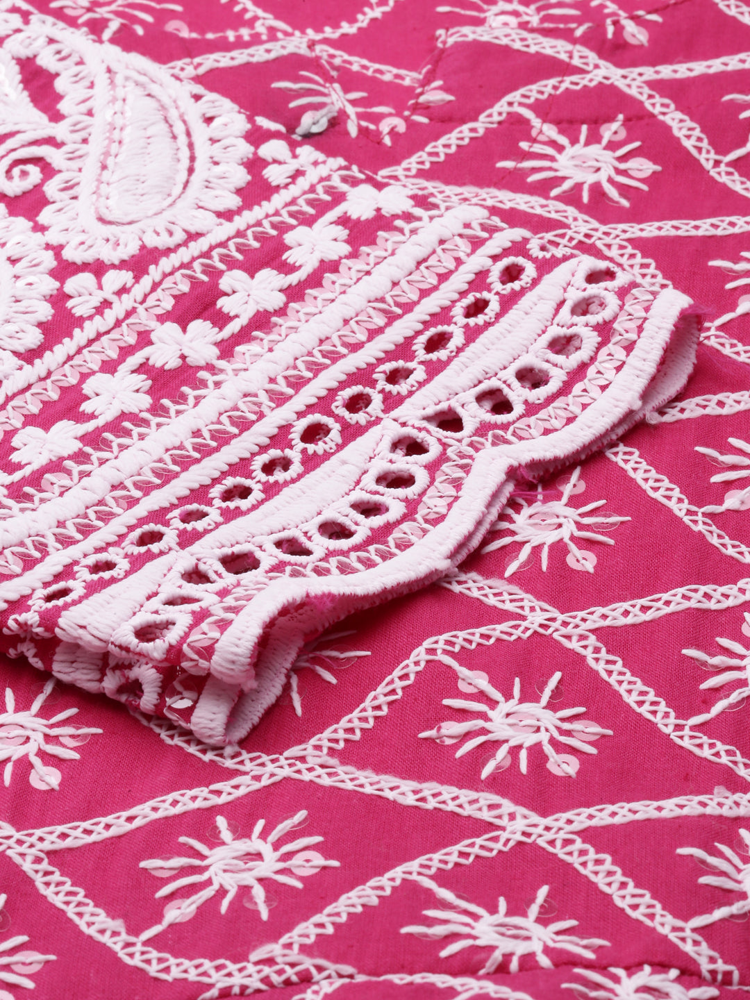 Neerus Pink cotton chikankari anarkali kurti - detail view 3