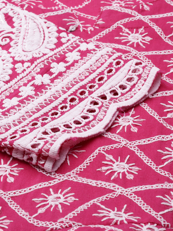 Neerus Pink cotton chikankari anarkali kurti - detail view 3
