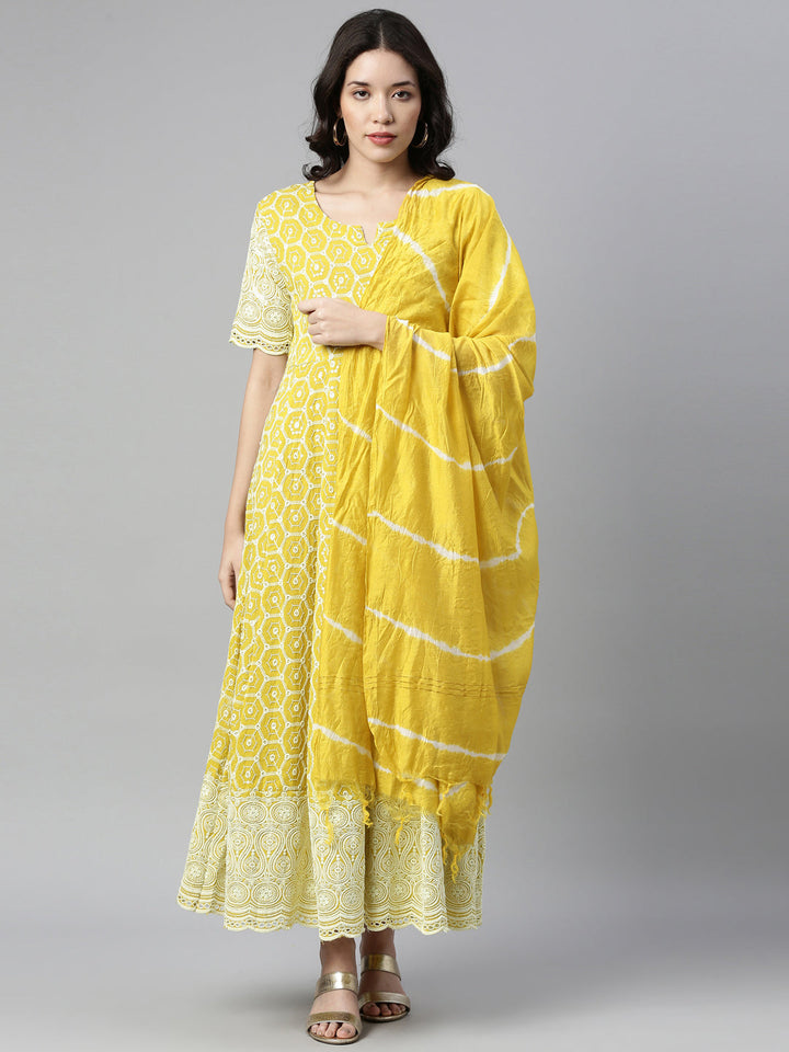 Neerus Yellow cotton chikankari anarkali kurti - detail view 4