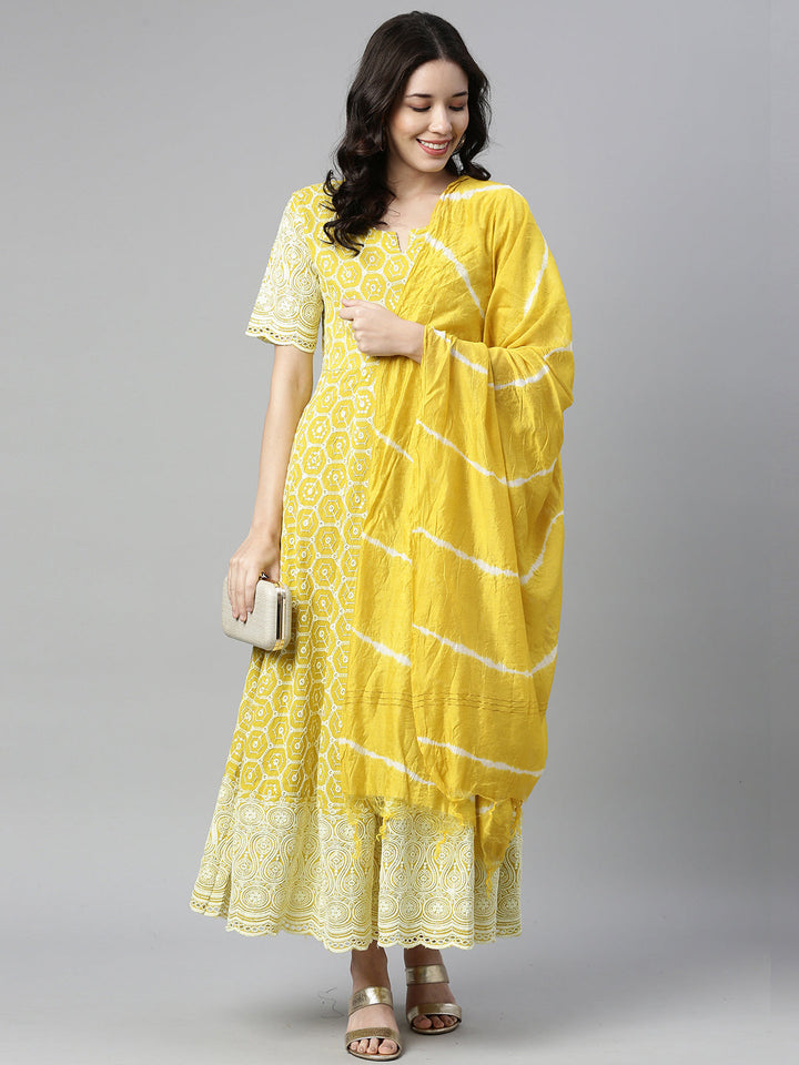 Neerus Yellow cotton chikankari anarkali kurti - detail view 1