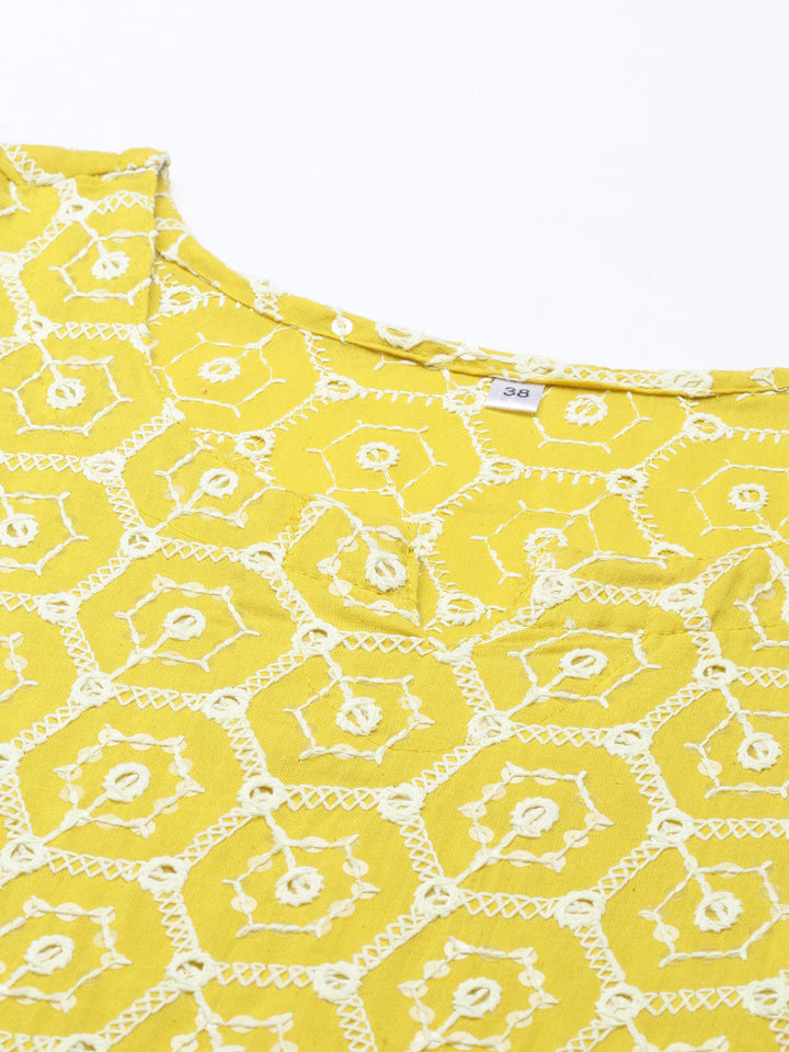 Neerus Yellow cotton chikankari anarkali kurti - detail view 3