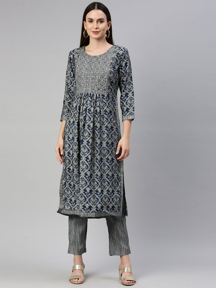 Neerus Blue muslin straight kurta set - front view