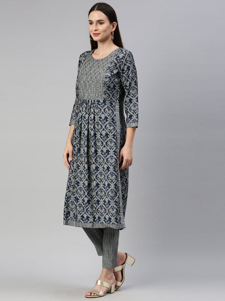 Neerus Blue muslin straight kurta set - side view