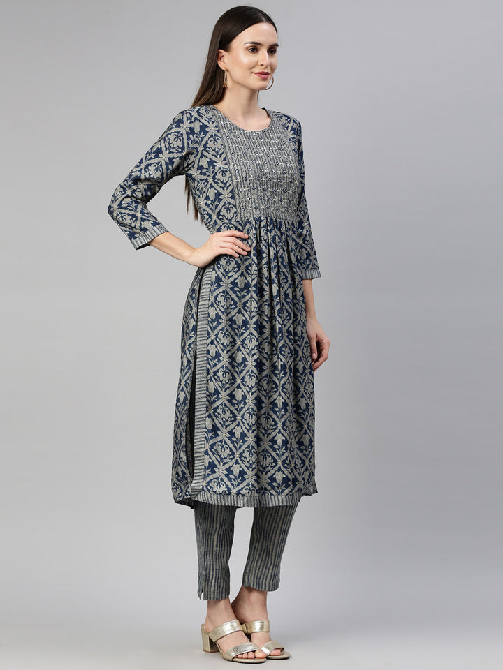 Neerus Blue muslin straight kurta set - detail view 1