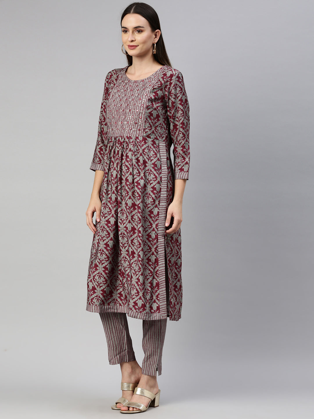 Neerus Maroon muslin straight kurta set - side view