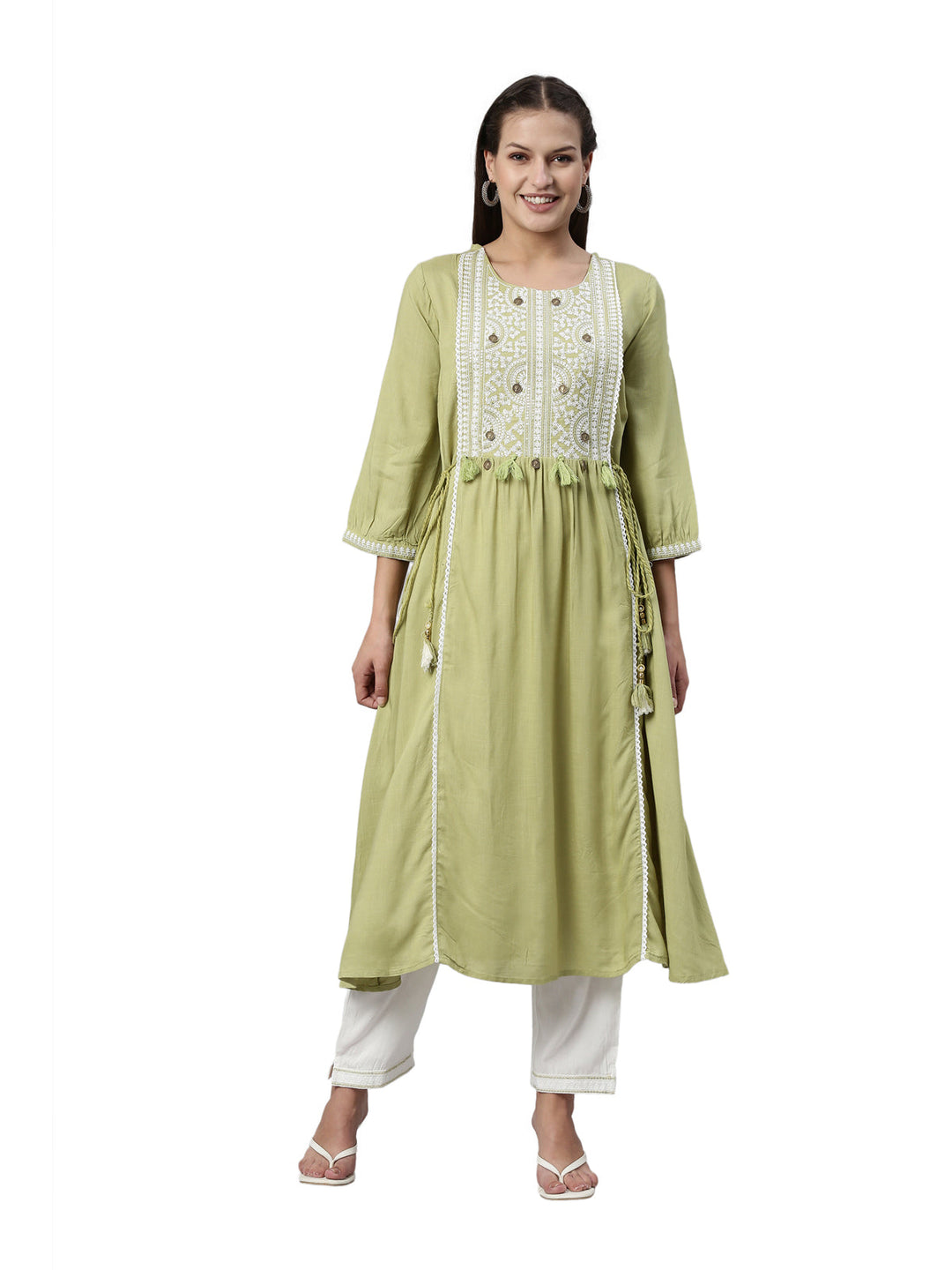 Neerus Green rayon kurta set - front view