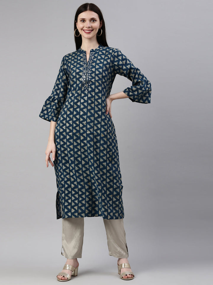 Neerus Blue muslin straight kurta set - detail view 6