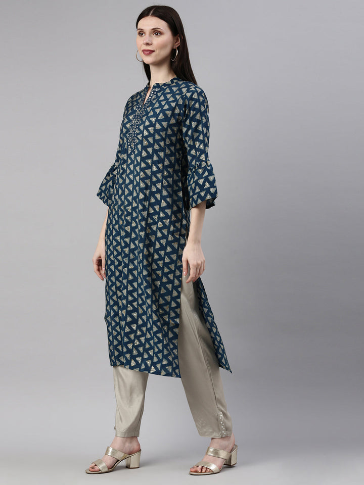 Neerus Blue muslin straight kurta set - side view