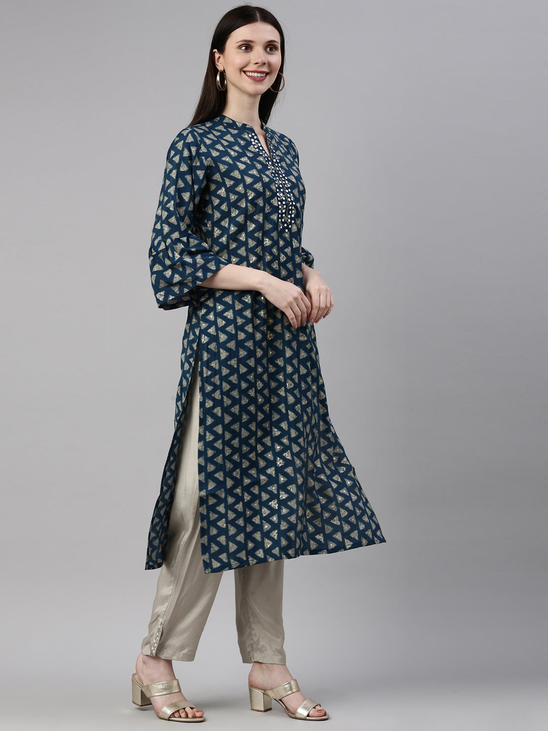 Neerus Blue muslin straight kurta set - detail view 1