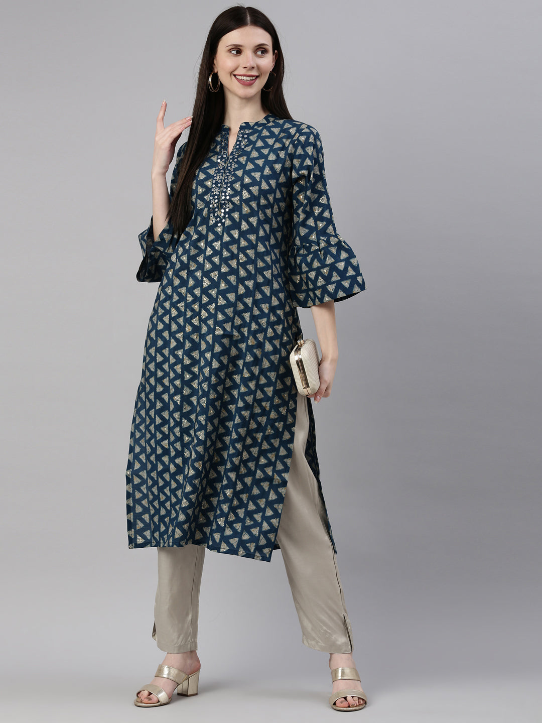 Neerus Blue muslin straight kurta set - detail view 3