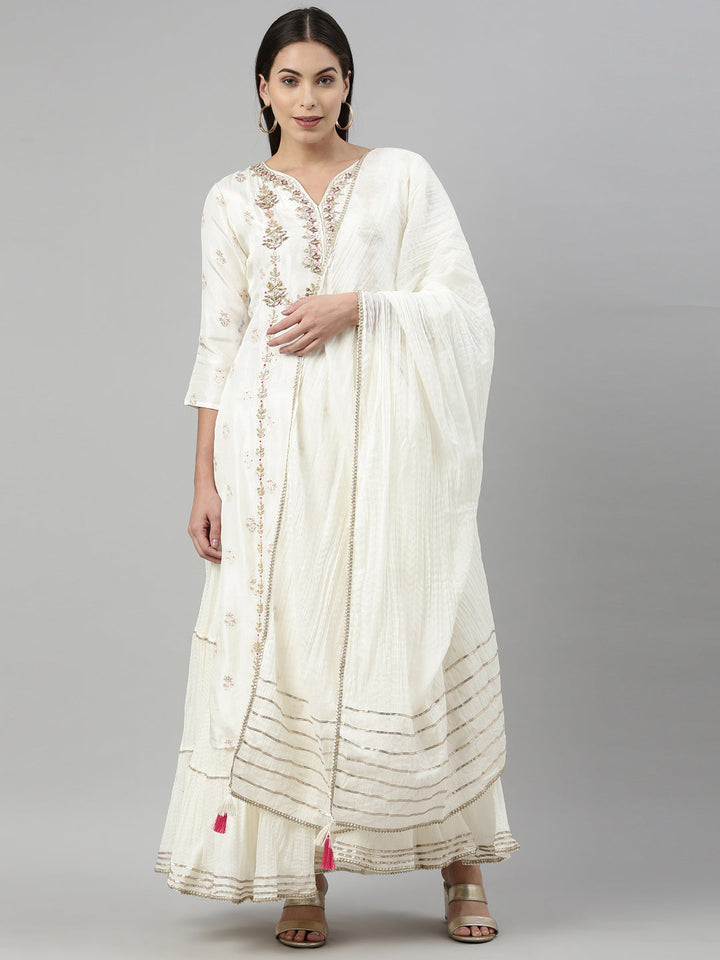 Neerus Beige shantoon embroidered kurta set - front view