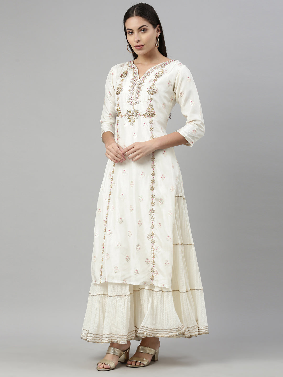 Neerus Beige shantoon embroidered kurta set - side view