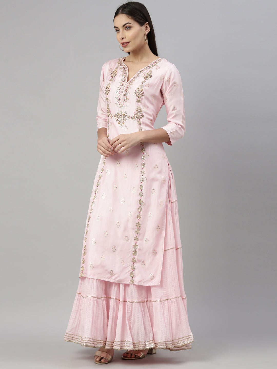 Neerus Pink shantoon printed kurti with dupatta - back view