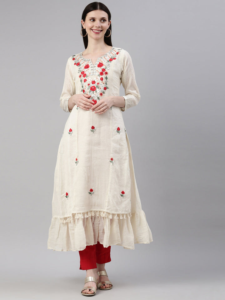 Neerus Beige cotton solid kurti - front view