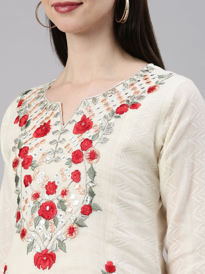 Neerus Beige cotton solid kurti - back view