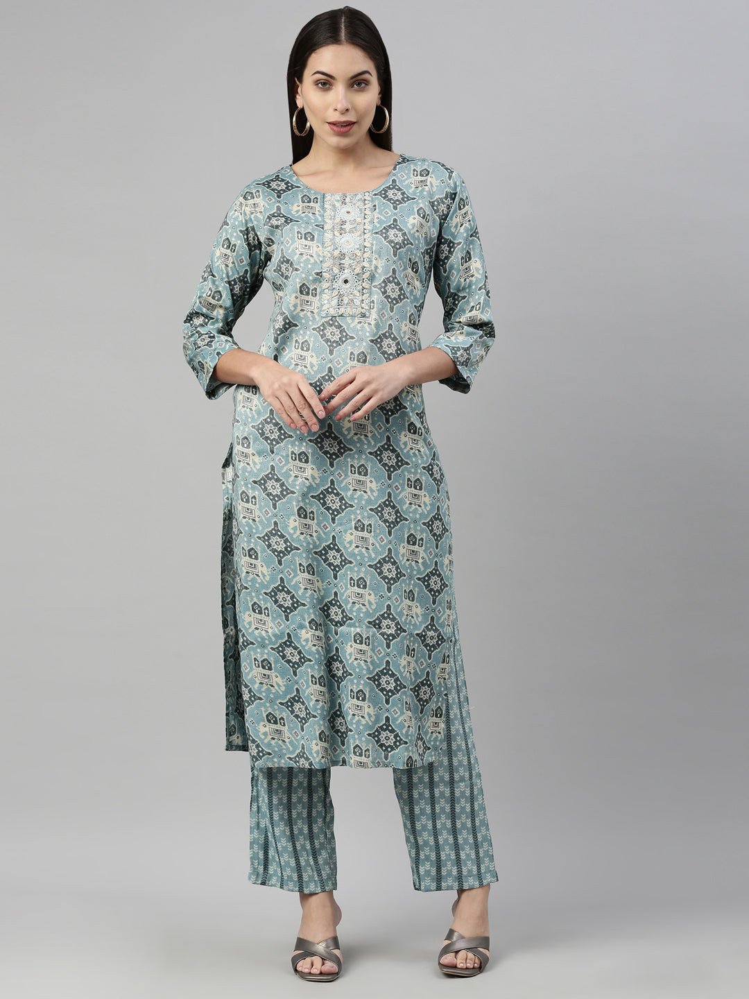 Neerus Blue Rayon Straight Suit Set - front view