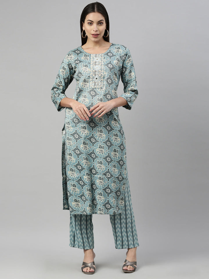 Neerus Blue Rayon Straight Suit Set - front view